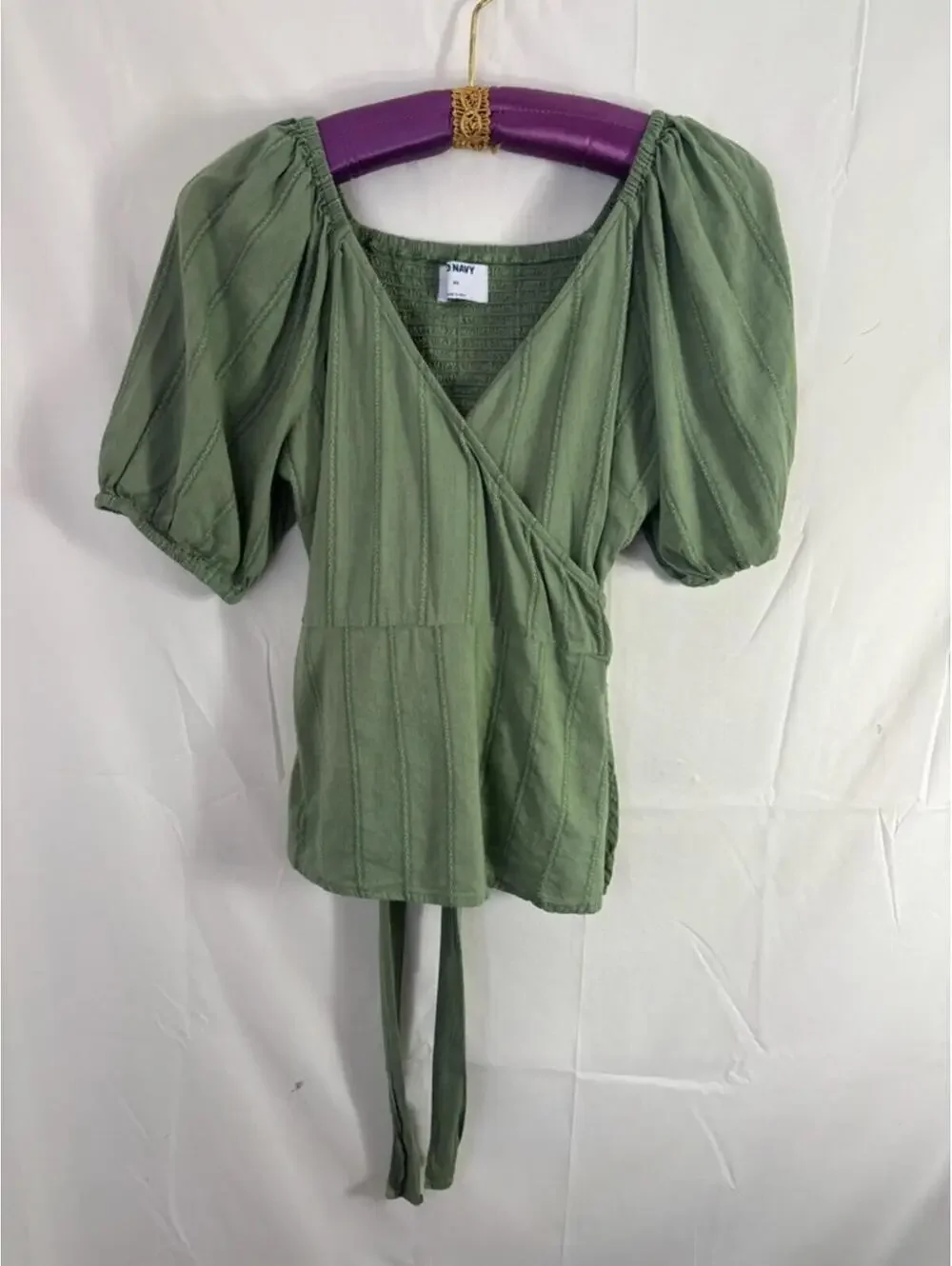 Sage Green Cotton V‎ Neck Babydoll Puff Sleeve Boho Whimsy Wrap Top Size XS-M